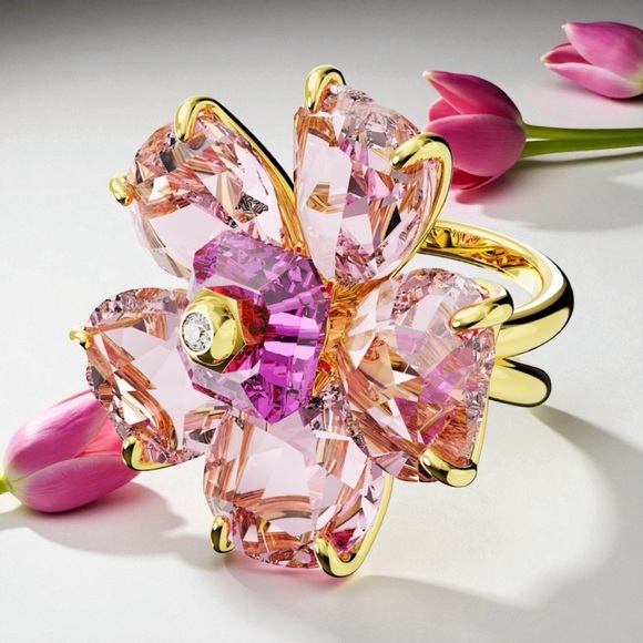 SWAROVSKI Idyllia cocktail ring Flower Pink Gold-tone plated Size 7 NWT
